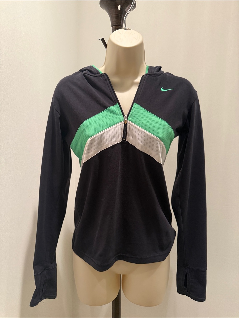 Nike Fit Dry Black Hoodie with Green & White Chevron with half zip